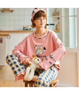 Cotton women's long sleeve pajamas student autumn ...