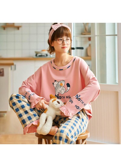 Cotton women's long sleeve pajamas student autumn and winter loose Pullover sleepwear sets