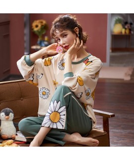 Autumn cotton long sleeve pajama set women's round neck Pullover casual sleepwear