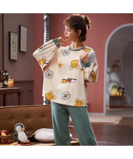 Autumn cotton long sleeve pajama set women's round neck Pullover casual sleepwear