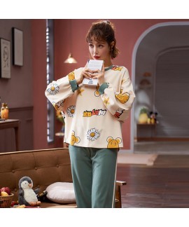 Autumn cotton long sleeve pajama set women's round neck Pullover casual sleepwear