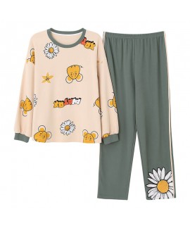 Autumn cotton long sleeve pajama set women's round neck Pullover casual sleepwear