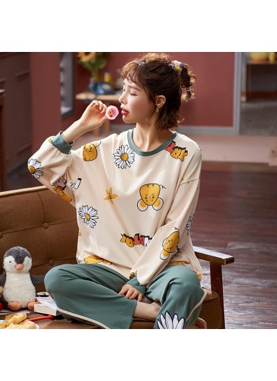 Autumn cotton long sleeve pajama set women's round neck Pullover casual sleepwear