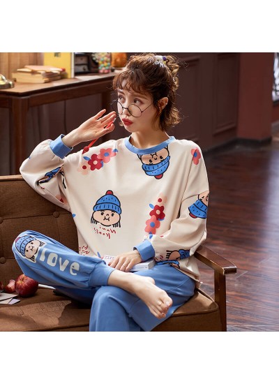 Women's long sleeve round neck Pullover lovely cotton sleepwear set