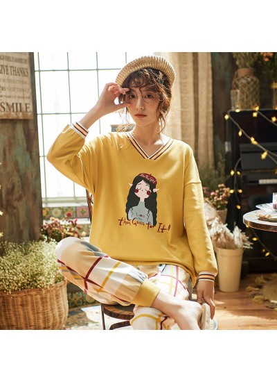 cotton pajamas women's Pullover long sleeve sleepwear set