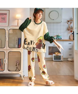 Women's cotton pajamas women's round neck long sleeve Pullover pajama set