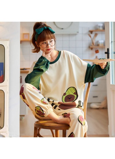 Women's cotton pajamas women's round neck long sleeve Pullover pajama set