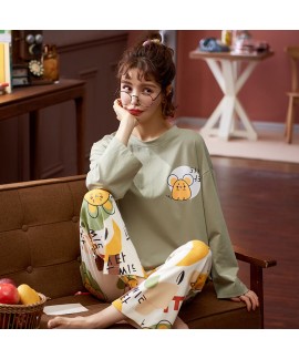 Autumn and winter new cotton pajamas women's round collar Pullover two piece pajama set