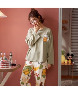 Autumn and winter new cotton pajamas women's round collar Pullover two piece pajama set