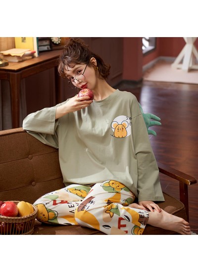 Autumn and winter new cotton pajamas women's round collar Pullover two piece pajama set