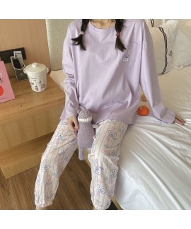 women's long sleeve cotton pajamas cartoon round neck Pullover two piece sleepwear sets
