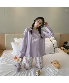 women's long sleeve cotton pajamas cartoon round n...