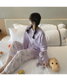 women's long sleeve cotton pajamas cartoon round neck Pullover two piece sleepwear sets