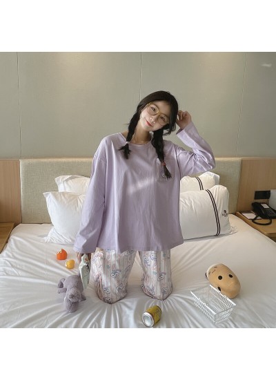 women's long sleeve cotton pajamas cartoon round neck Pullover two piece sleepwear sets