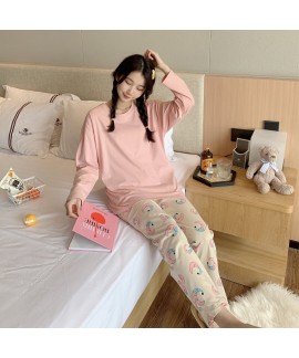 long sleeve women's cotton pajamas cartoon round neck cute casual cotton sleepwear sets