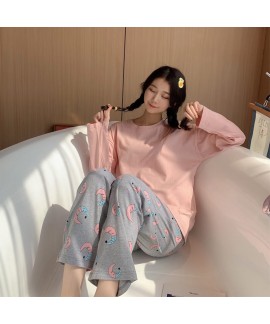 long sleeve women's cotton pajamas cartoon round n...