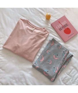 long sleeve women's cotton pajamas cartoon round neck cute casual cotton sleepwear sets