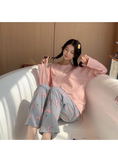 long sleeve women's cotton pajamas cartoon round neck cute casual cotton sleepwear sets