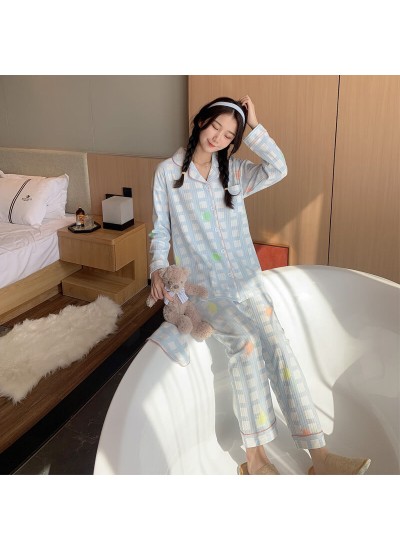 long sleeve women's cotton Pajamas set cardigan lovely two piece cotton sleepwear set