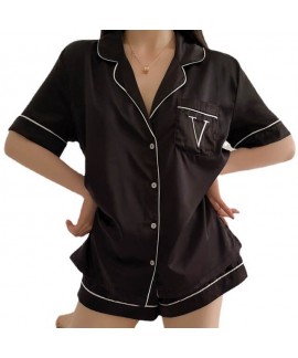 Short ice silk solid color V-shaped ladies pajamas 2023 sexy casual sleepwear sets