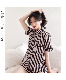 Vertical stripes ice silk pajamas imitation silk sleepwear women's short-sleeved pajama set