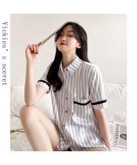 Vertical stripes ice silk pajamas imitation silk sleepwear women's short-sleeved pajama set