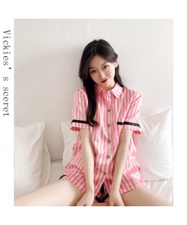 Vertical stripes ice silk pajamas imitation silk sleepwear women's short-sleeved pajama set