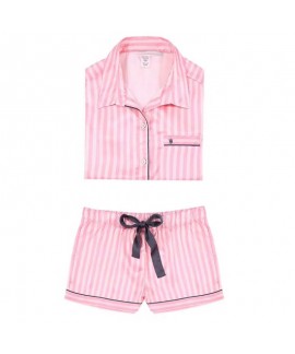 Vertical stripes ice silk pajamas imitation silk sleepwear women's short-sleeved pajama set