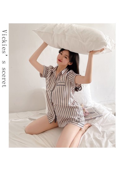 Vertical stripes ice silk pajamas imitation silk sleepwear women's short-sleeved pajama set