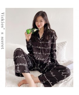 Letter printing ice silk pajamas for women autumn models imitation silk women's sleepwear set