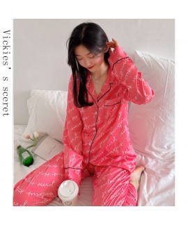 Letter printing ice silk pajamas for women autumn models imitation silk women's sleepwear set