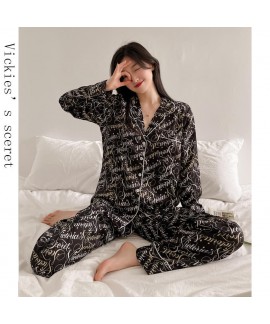Letter printing ice silk pajamas for women autumn models imitation silk women's sleepwear set