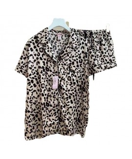 Leopard ice silk pajamas women imitation silk sleepwear short-sleeved pajama sets