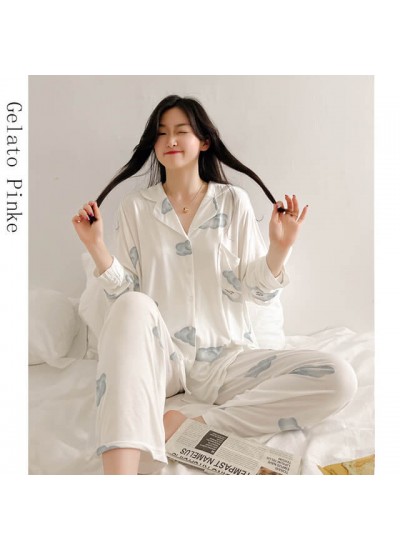 Modal long women's pajamas confinement sleepwear thin two-piece pajama set