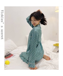 Fresh little green dot ice silk pajamas women simulation silk long-sleeved pajama set