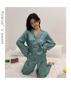 Fresh little green dot ice silk pajamas women simulation silk long-sleeved pajama set