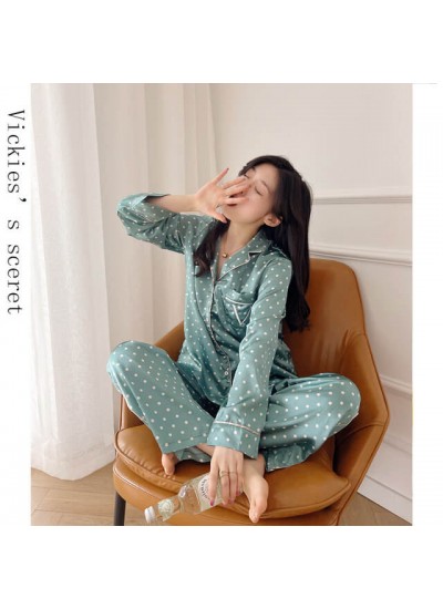 Fresh little green dot ice silk pajamas women simulation silk long-sleeved pajama set