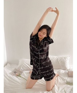 Short ice silk letter short-sleeved pajamas 2023 sexy casual sleepwear sets