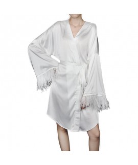 Feather pajamas women's imitation silk sleepwear long-sleeved bathrobe