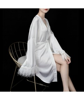 Feather pajamas women's imitation silk sleepwear long-sleeved bathrobe