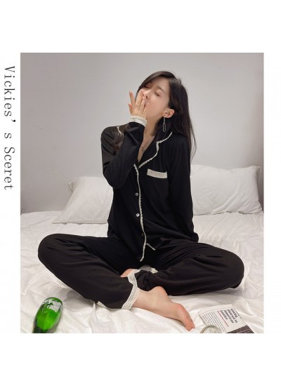 Lace pure lust wind lace stitching pure cotton women pajamas spring and autumn sleepwear