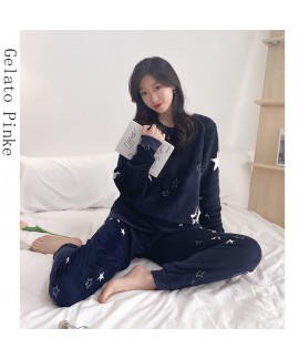 Coral fleece clouds stars winter pajamas women's warm comfortable sleepwear