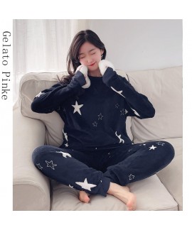 Coral fleece clouds stars winter pajamas women's w...