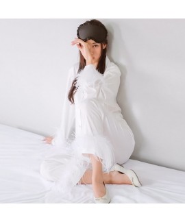 2023 Feather Simulation Silk Long Sleeve Pajama Fashion Casual Solid Color Ladies sleepwear Set