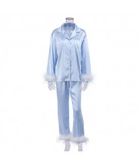 2023 Feather Simulation Silk Long Sleeve Pajama Fashion Casual Solid Color Ladies sleepwear Set