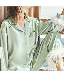 2023 Feather Simulation Silk Long Sleeve Pajama Fashion Casual Solid Color Ladies sleepwear Set