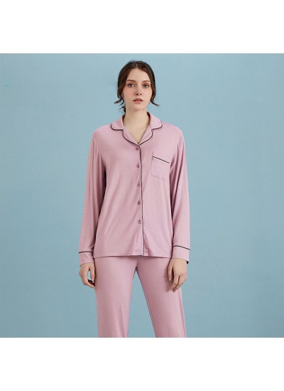 Solid Color Ladies Bamboo Fiber Pajamas Cardigan Homewear Set