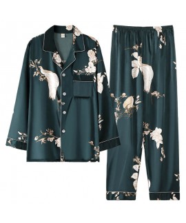 Simulated silk spring and autumn thin long-sleeved ice silk large size cardigan pajama sets