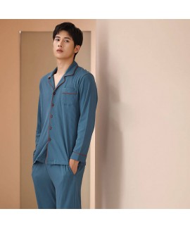 Autumn Men's High Quality Double Sided Cotton Long Sleeve Solid Color Cotton Pajamas Set