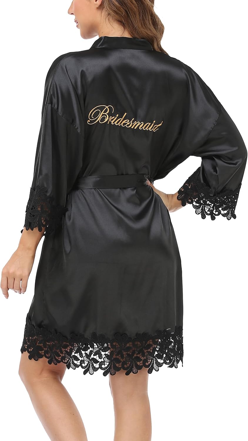 Silky Satin Lace Trim Bride Kimono Robe with Embroidery